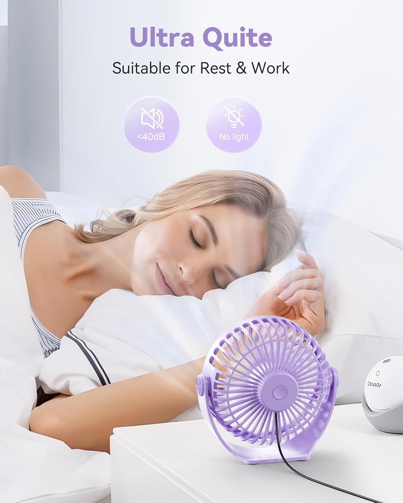 Edvision USB Desk Fan, 5 Inch Mini Portable, 3 Speeds Strong Airflow Personal Desktop, Detachable Cooling Fan 360° Rotation Quiet Small Fan for Desk Home Office Travel Car, Purple, 5ft Cable - Image 5